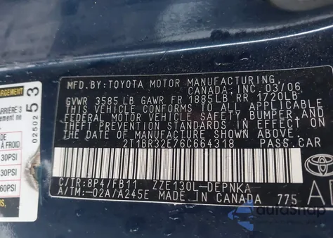 2006 Toyota Corolla Le from USA, damaged, VIN 2T1BR32E76C664318